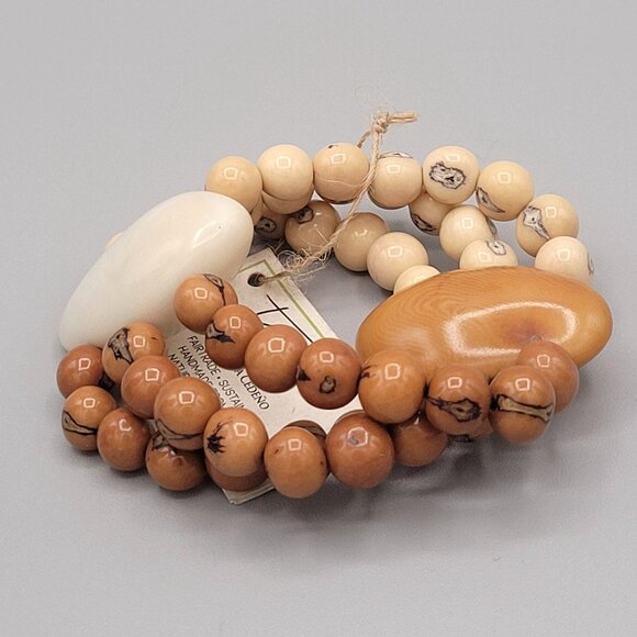 Handcrafted Tagua Nut Multi Strand Artisan Bracelet Natural Cream Orange - Picture 3 of 9